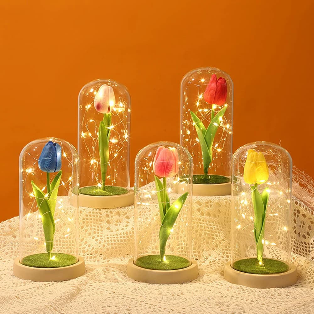 Regalo di San Valentino per la fidanzata Tulipano eterno Fiore artificiale Fata Luci a stringa in cupola Festa della mamma Matrimonio Regalo di Natale