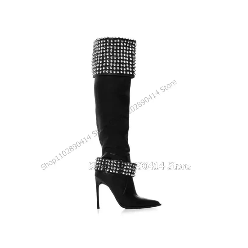 Stivali Sopra il Ginocchio da Donna con Decorazione a Cintura di Cristalli, Punta Affusolata Nera, Tacco Alto Sottile, Sexy e Originali 2023, Zapatos Para Mujeres