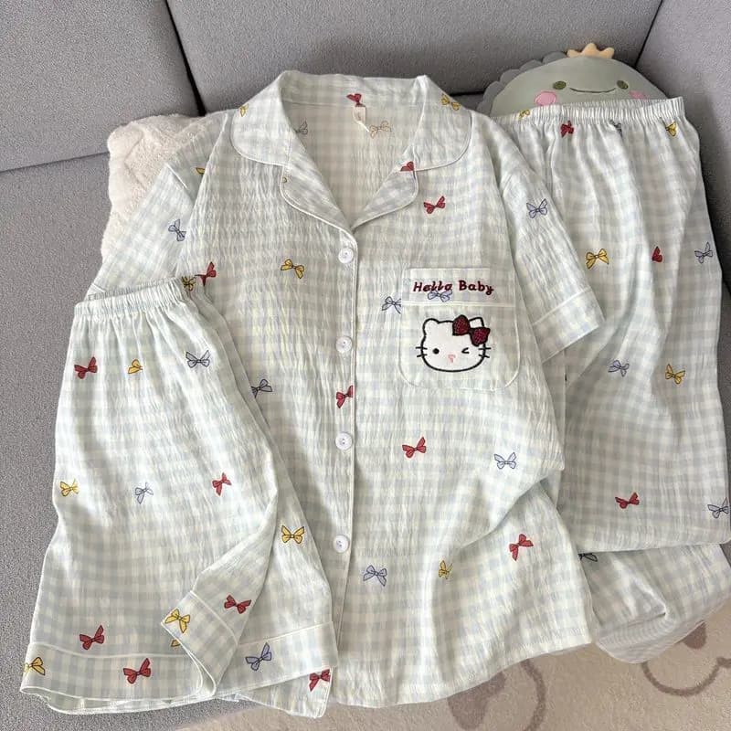 Sky Blue Bow Hello Kitty Cute Women's Pajama Set Summer Loose Comfortable Home Clothes Two Piece Set Very Cheap Y2K Pajamas