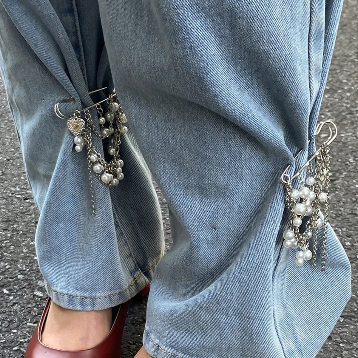 Salircon Moda Eleganza Imitazione Perla Nappa Caviglie Catena Donna Jeans staccabili Spilla Catena Abbigliamento Accessori gioielli