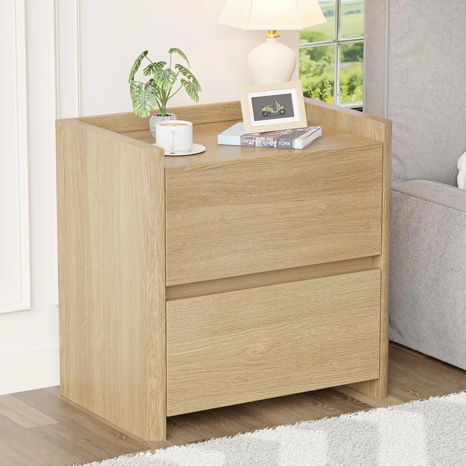 Comodino con 2 cassetti, tavolino moderno per camera da letto con maniglia a incasso, comodini grandi per camera da letto, casa e ufficio