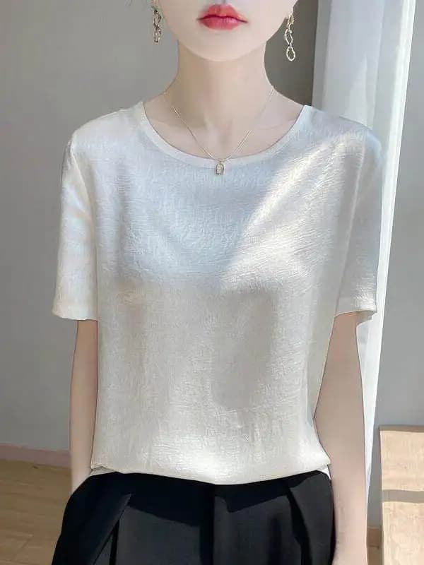 Summer New Style round Neck T-Shirt Acetate Satin Loose Short Sleeve Women's Versatile Slimming Base Layer Top Korean Style