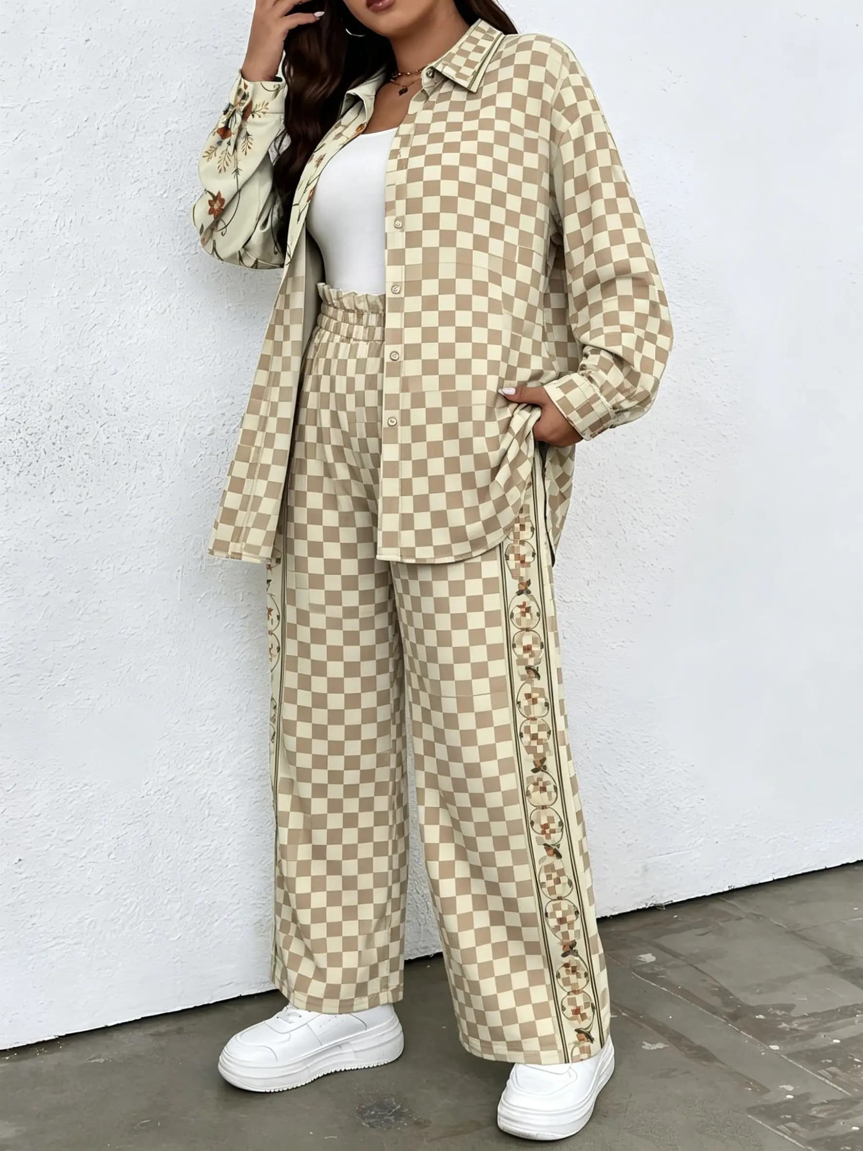 Plus Size Beige and Cream Checkerboard Co-ord Set - Loose Fit Shirt and Wide Leg Pants with Floral Trim Fashion Long Pants Suits