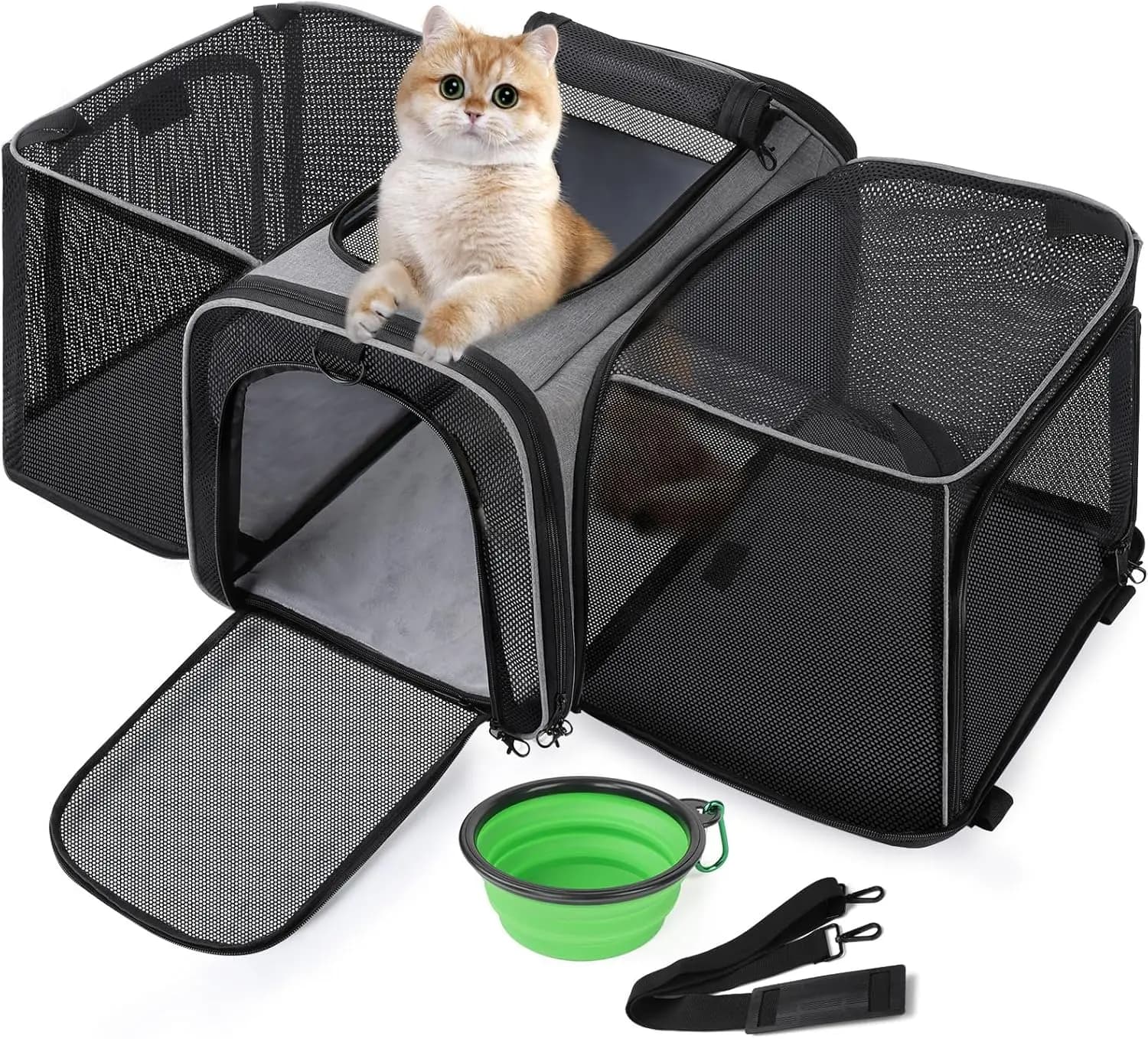 Borsa Trasportino Espandibile Grande per Animali Domestici con Rete Traspirante, Design Pieghevole per Cani e Gatti, Include Tracolla e Ciotola