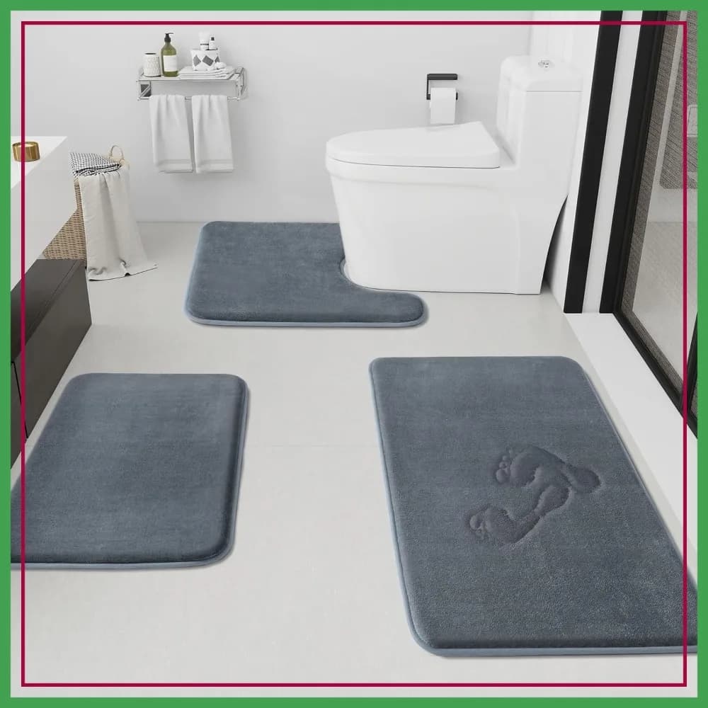 Non-Slip Quick Dry Bathroom Rugs Set 3 Piece, Ultra Soft Velvet Bath Mat for Toilet and Shower Floor, Grey