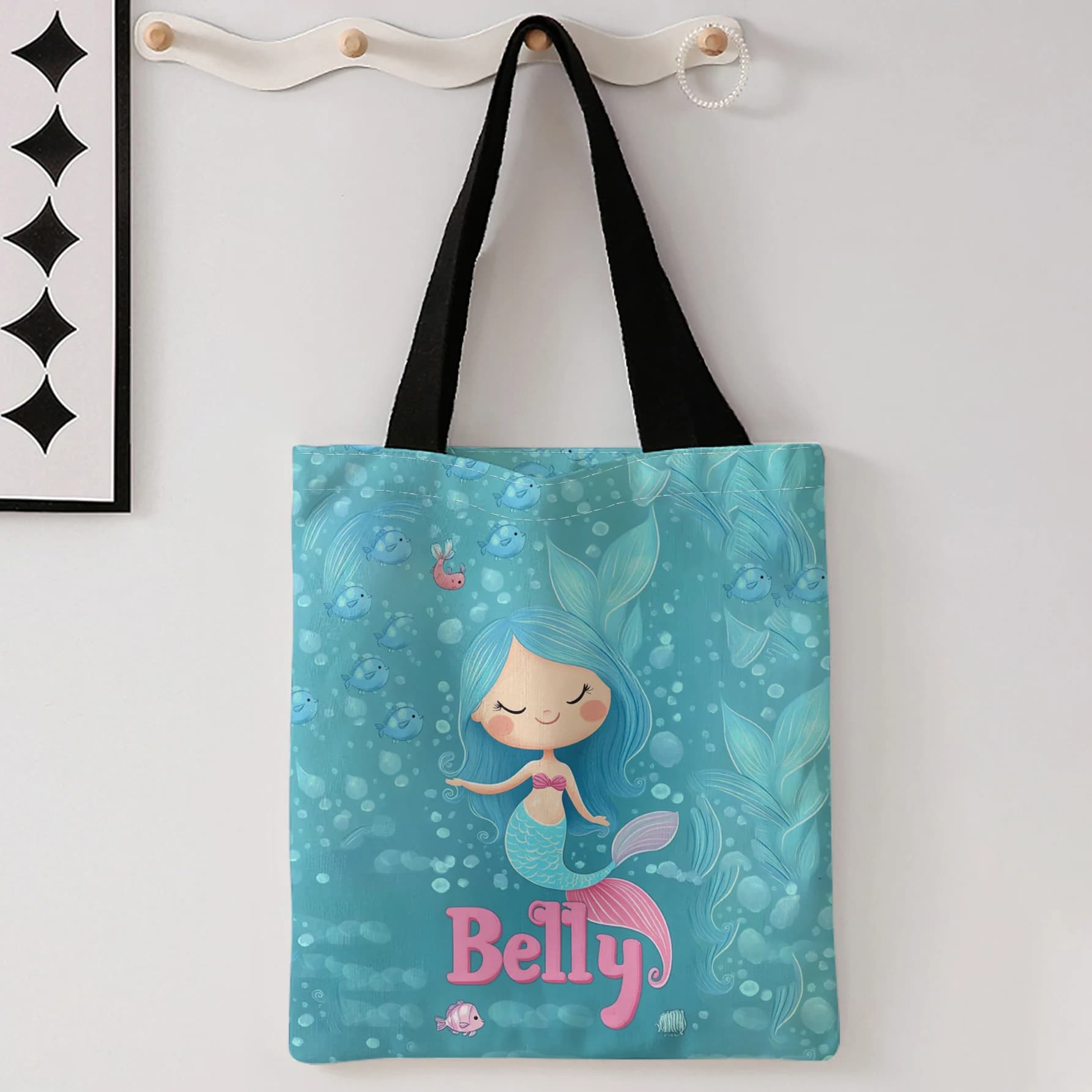 Mermaid Print Tote Bag With Black Handles Large Shoulder Handbag For Shopping Daily Use