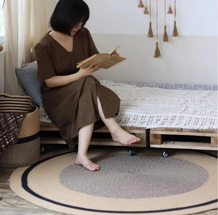 Japan Carpet Round Natural Woven Jute Modern Rustic Handmade Area Rug Double-sided Bedside Mat For Living Room Home Decoration