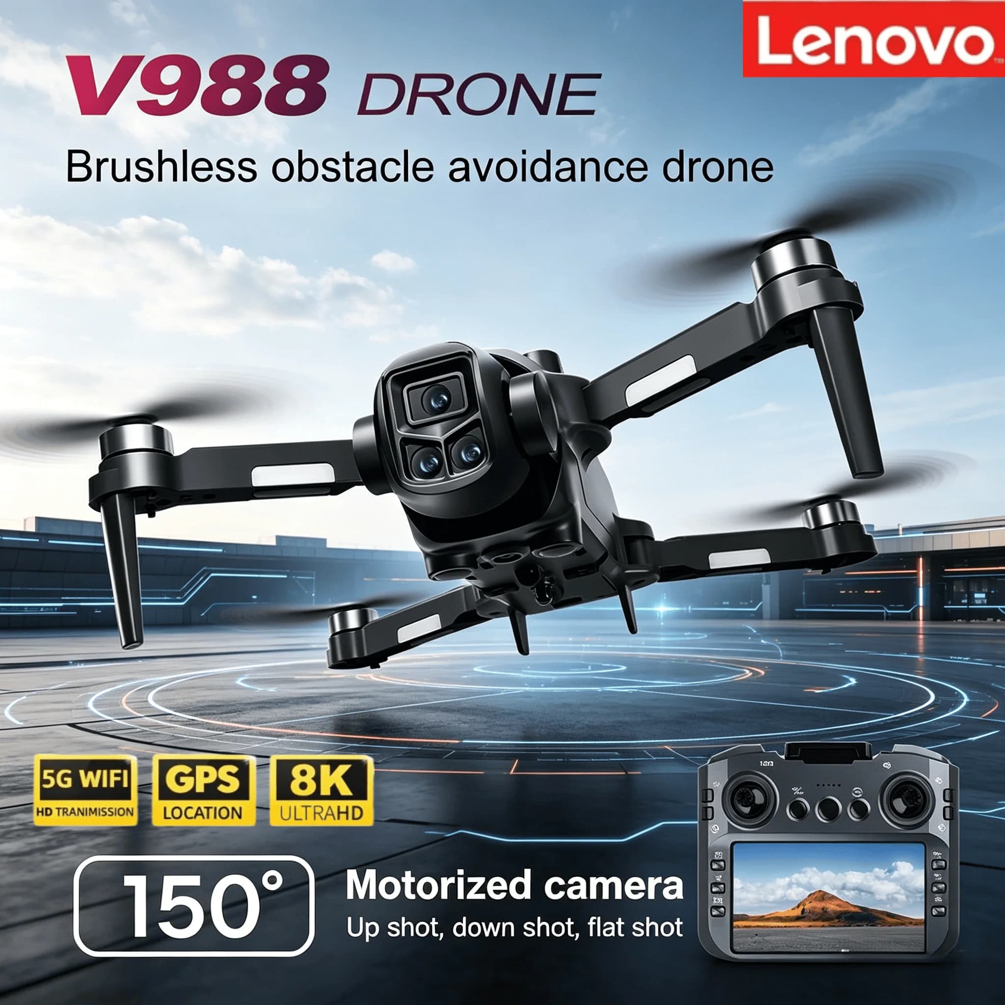 Drone Professionale Lenovo V988 con Doppia Fotocamera 8K HD, Schermo Grande da 5.6", Telecomando, WiFi 5G FPV, Quadricottero Pieghevole RC