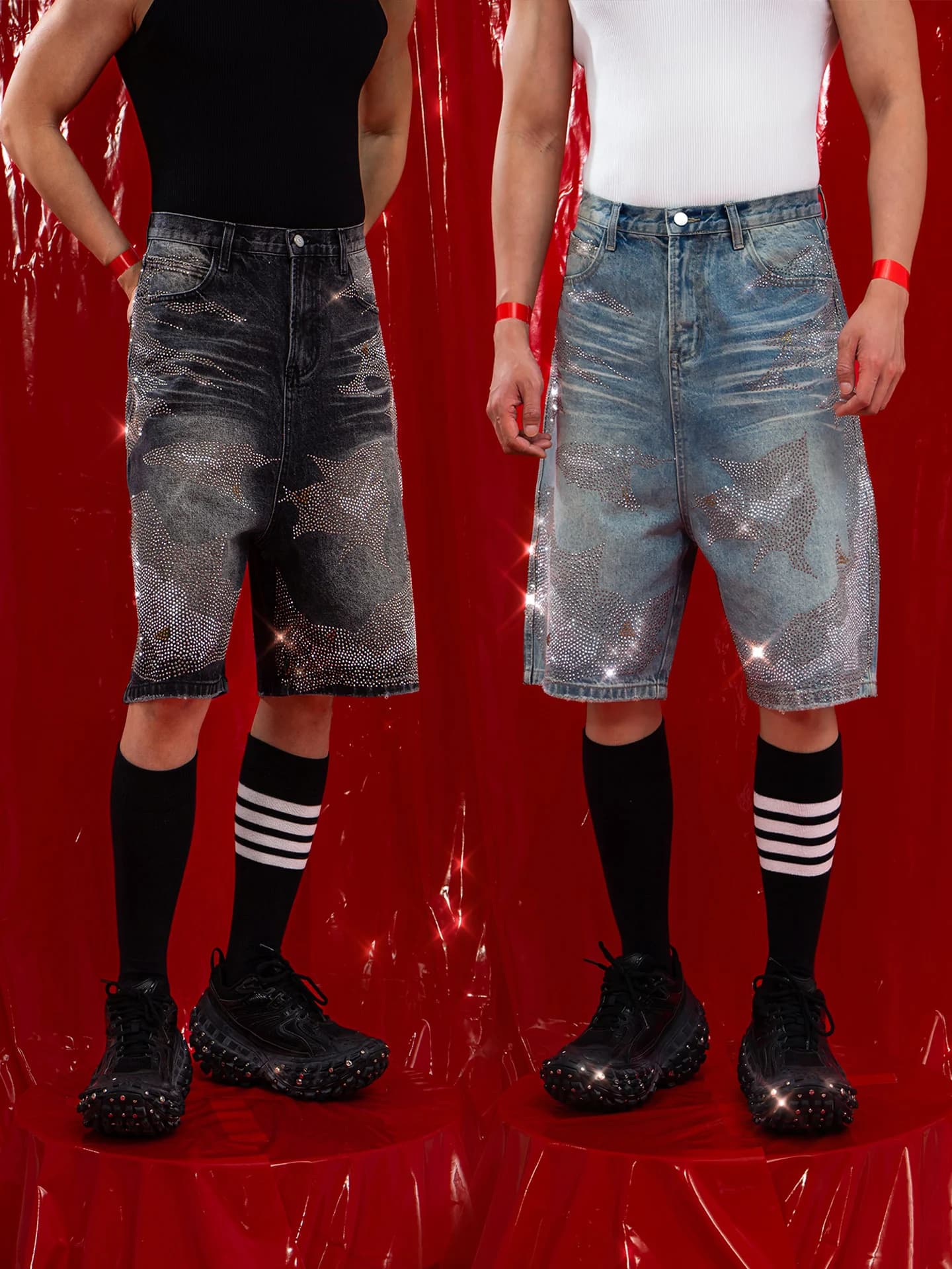Jeans Casual da Uomo CLP a Gamba Dritta con Strass Scintillanti, Pantaloncini con Motivo a Stella a Cinque Punte, Stile Vintage, Vita Media, in Cotone