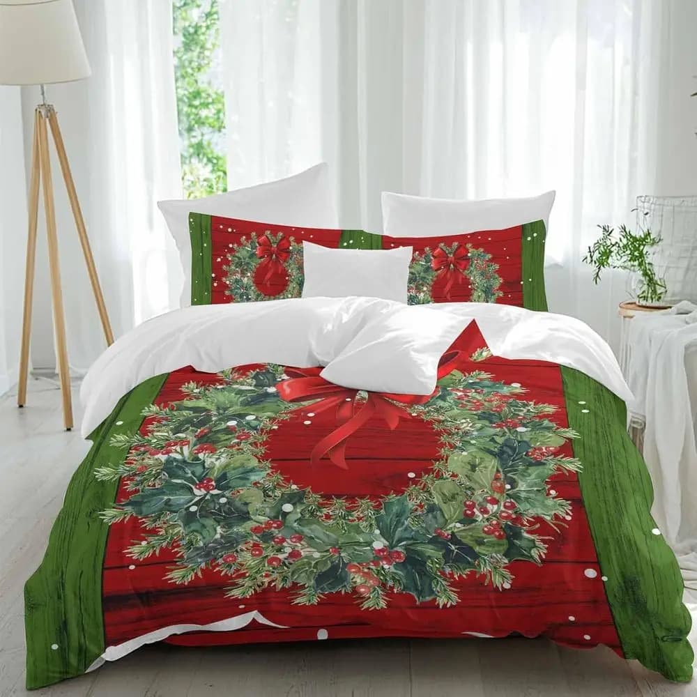 Set di lenzuola Chrisas Wreath, con motivo a fiocco rosso, bacche rosse e verde, venature del legno, 4 pezzi, set copripiumino traspirante, biancheria da letto accogliente