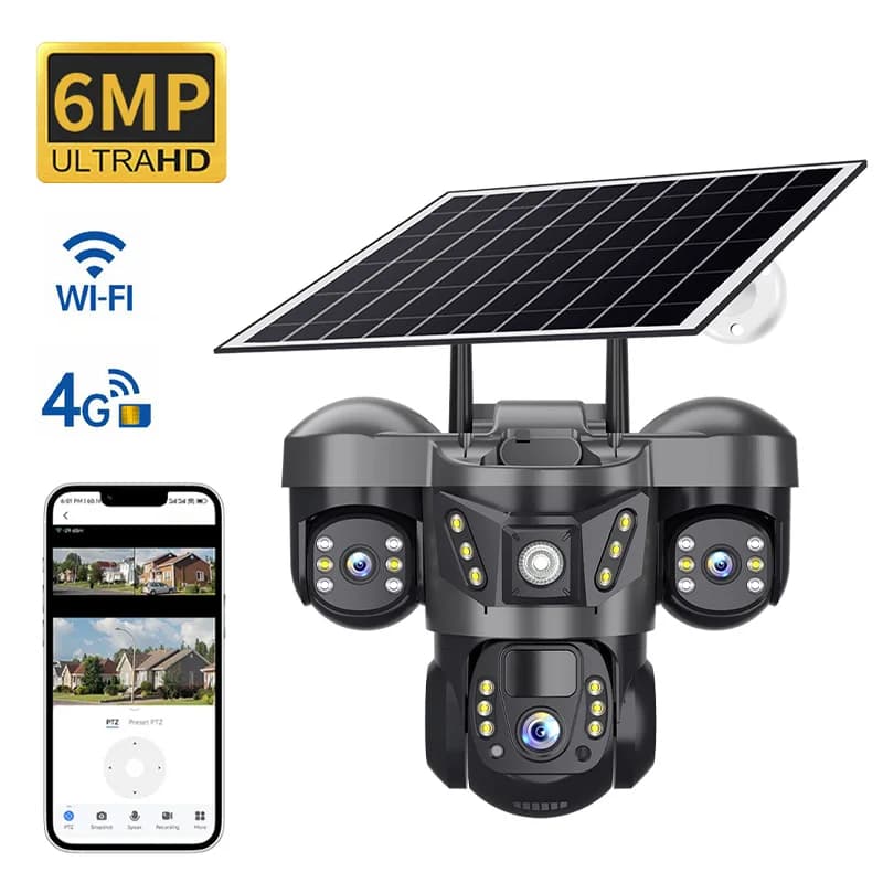 Telecamera di Sicurezza Domestica 6MP V380pro con APP, Alimentazione Solare, Tripla Lente AOV, 4G WIFI, Visione Notturna a Colori, Rilevamento AI Umanoide, Monitoraggio Bambini