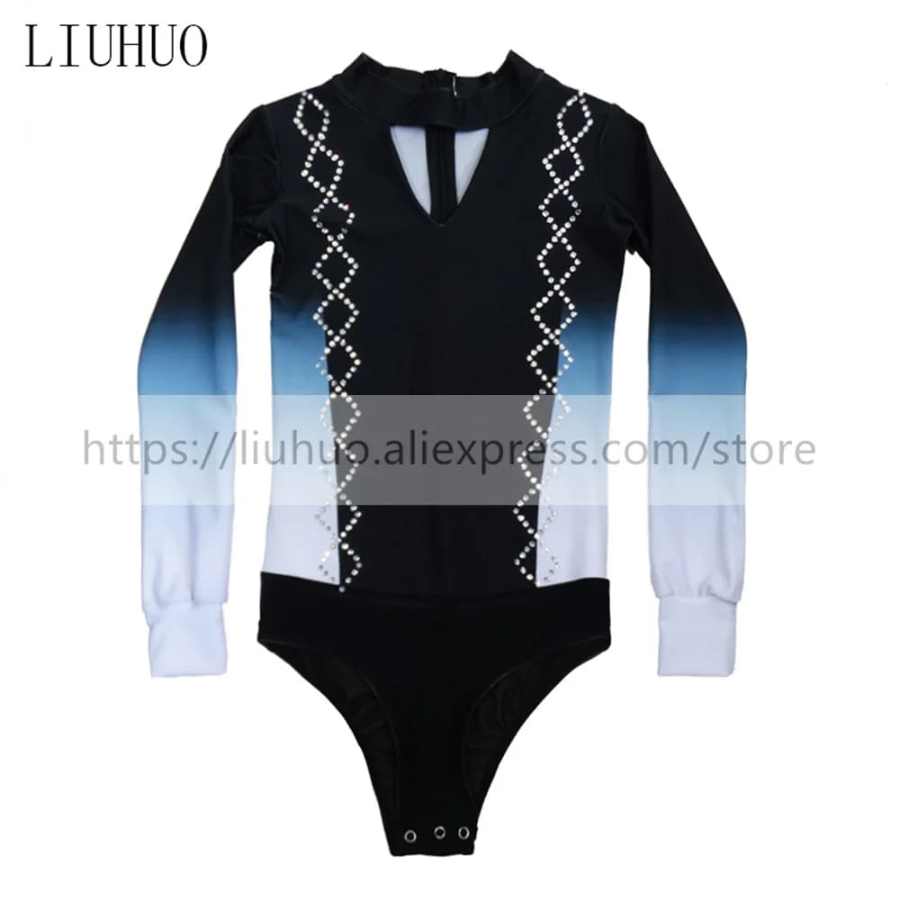 LIUHUO Pattinaggio di Figura Top da Uomo per Ragazzi Prestazioni sul Ghiaccio Costume da Competizione Manica Lunga Collant da Ballo Body Nero Abbigliamento per Bambini
