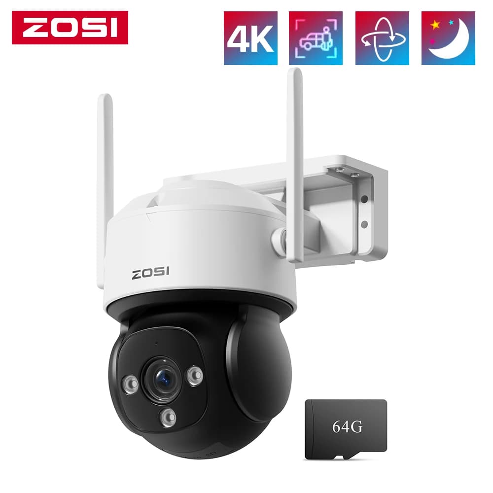Telecamere di Sicurezza ZOSI 4K WiFi per Casa, 8MP/2MP, per Interni/Esterni, Impermeabili, con Tracciamento Automatico delle Persone, Telecamera PTZ per Videosorveglianza