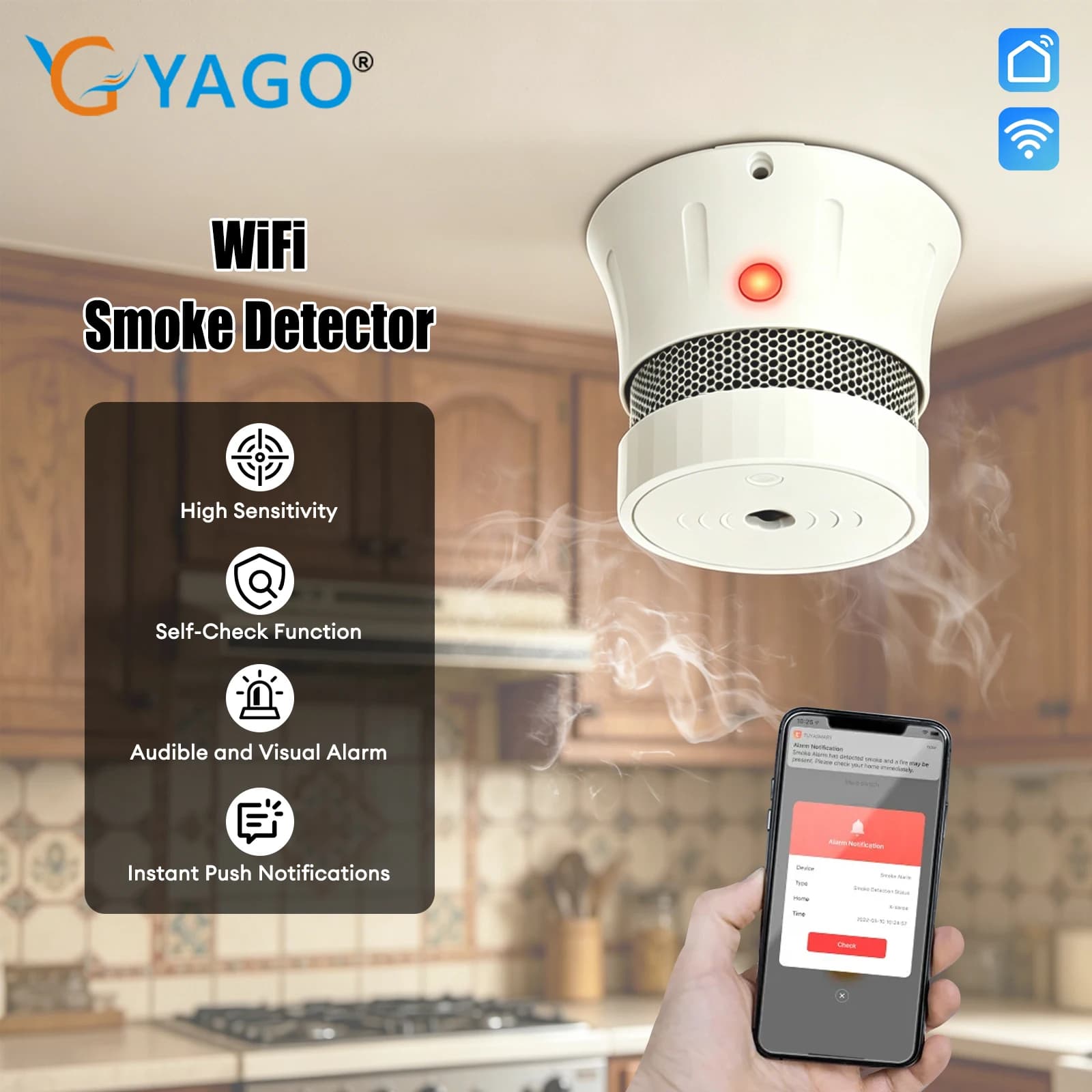 Rilevatore di Fumo Intelligente YAGO WiFi/Zigbee, Sistema Domotico 2.4GHz, Allarme Antincendio con Notifiche Push via App, Sistema di Sicurezza Domestica