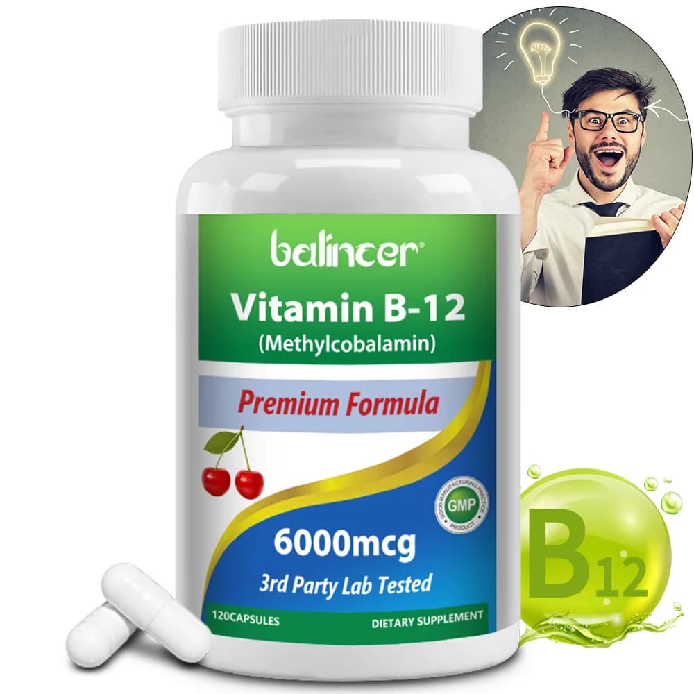 Integratore di Vitamina B12 6000mcg - Energia, Memoria, Umore, Funzione Cardiaca, Supporto per Sistema Nervoso e Immunitario, 30/60/120 Capsule