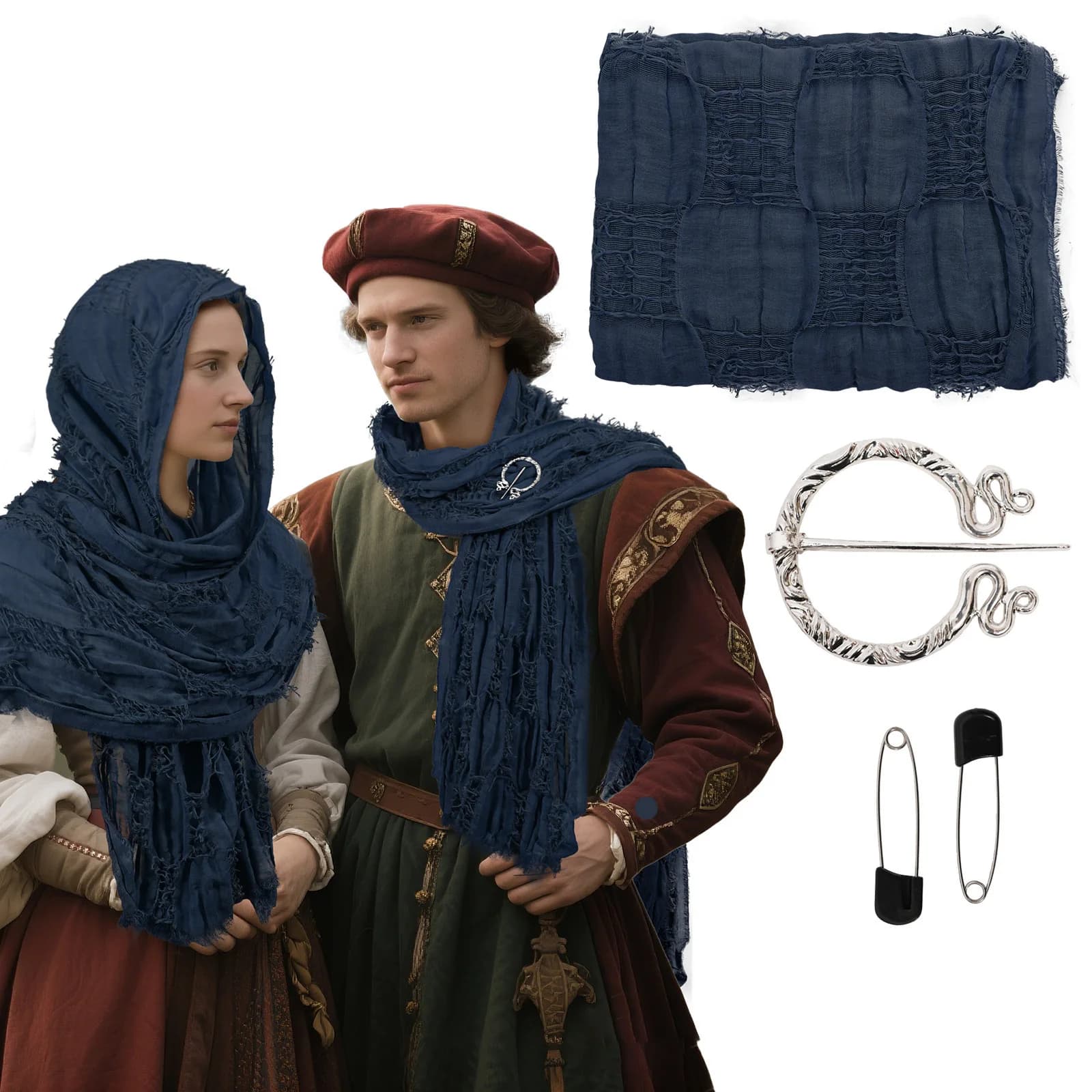 Destroyed Washed Ripped Hole Vintage Scarf Fashion Medieval Style Medieval Cloak With Viking Brooch Beggar Style Streetwear