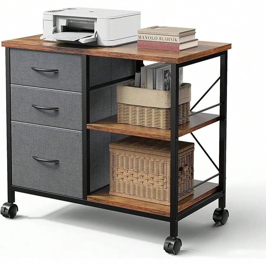 Sweetcrispy 3-Tier Mobile File Cabinet, Printer Stand With Storage, Office Table With Drawers And Back Support Bar, Holds 110lb