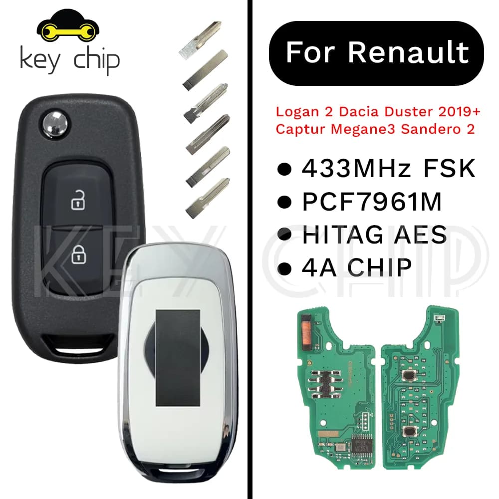 For Renault Dacia Logan 2 II 2018 2019 2020 FSK Car Key Fob Control 2Button 433MHz PCF7961M 4A Chip Flip Remote Key