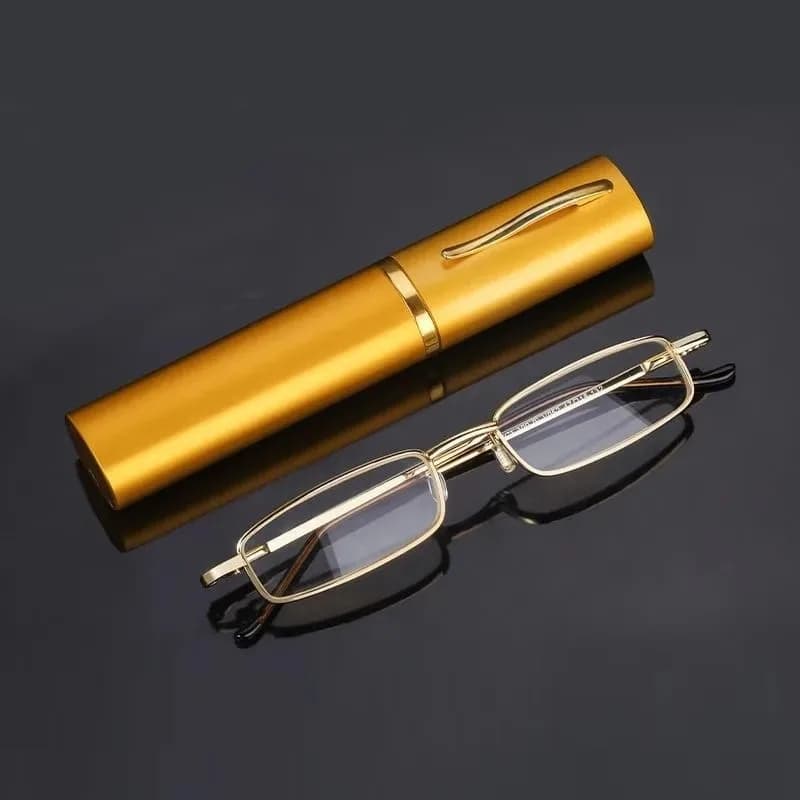 Occhiali da lettura unisex con custodia per penna Occhiali da presbite portatili Custodia in metallo Cerniera a molla Occhiali per la cura della vista + 125 + 175