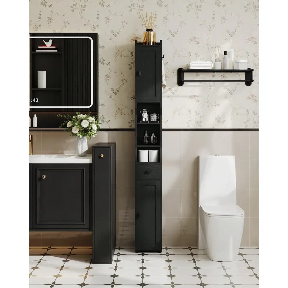 Mobiletto portaoggetti per il bagno, mobiletto stretto per carta igienica, porta carta igienica alto con 2 ante e 1 cassetto, organizer per il bagno