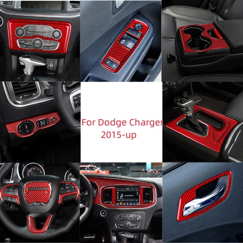 Adesivo Rosso in Fibra di Carbonio per Pannello Portabicchieri e Presa d'Aria sul Volante per Dodge Charger 2015 e Successivi, Accessori Interni
