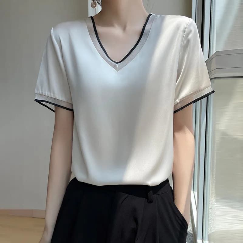 T-shirt estive Manica corta con scollo a V Tshirt in raso di seta T-shirt da donna di moda solida che tocca il fondo Top Casual Office Lady Tshirt