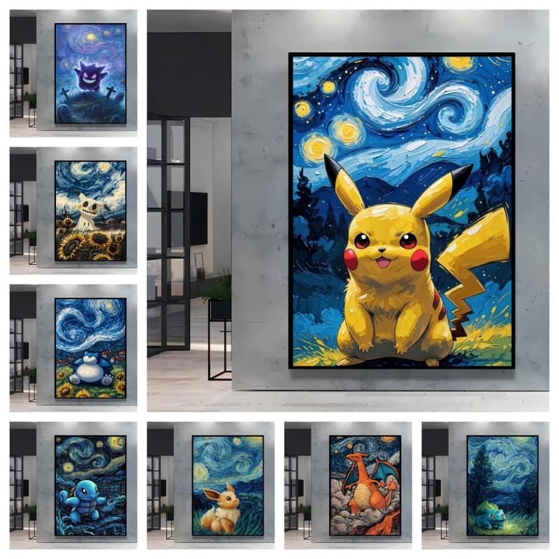 Kit Pittura Diamante 5D Stile Van Gogh Pokemon Pikachu, Mosaico Punto Croce, Decorazione Casa, Adesivi Murali, Regalo Fai da Te Fatto a Mano