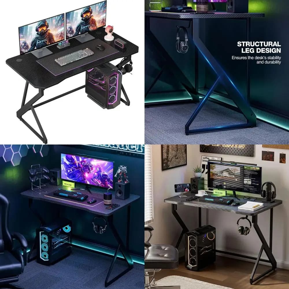 Scrivania da gioco a forma di Z 40 in fibra di carbonio con gancio per cuffie per giochi su PC e workstation
