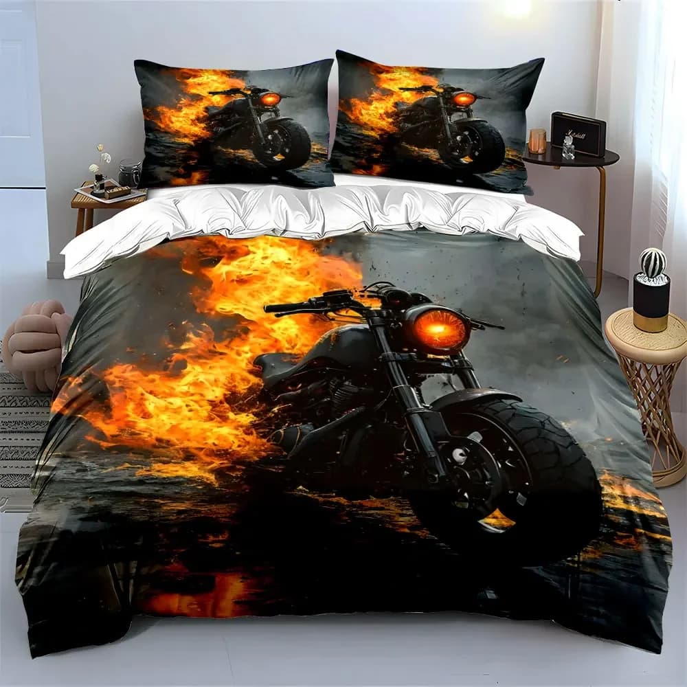 Set di poster artistici con immagini di motociclette in fiamma, set di biancheria da letto morbida e confortevole con copripiumino, include 1 copripiumino e 2 federe, idea regalo