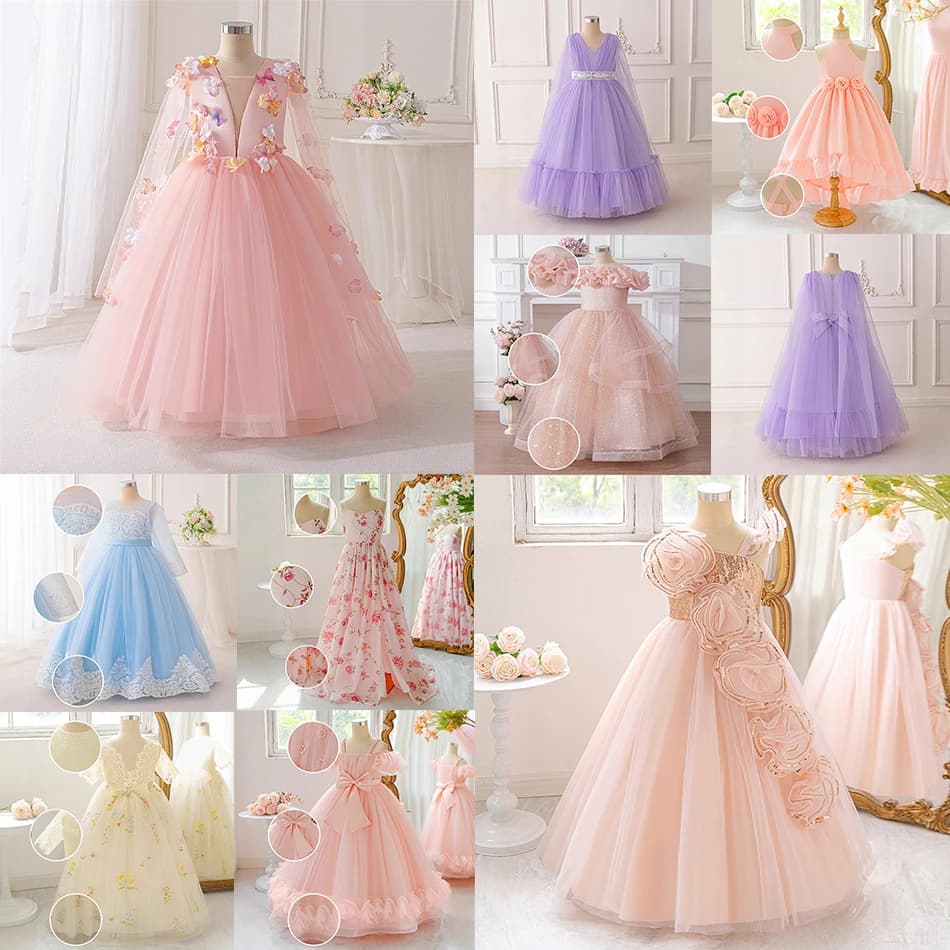 Fata dei fiori Abiti da principessa Ragazze Fiocco con paillettes Abito in rete Abito floreale con strascico Abito da ballo per bambini Costumi da sera per spettacoli