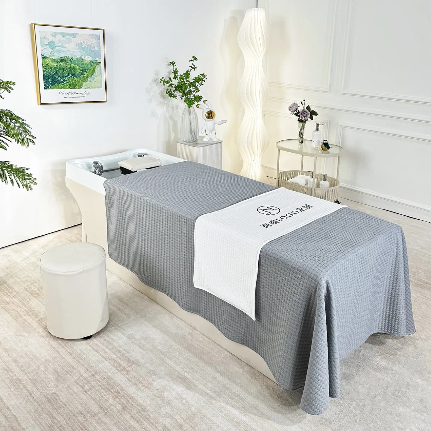 Copriletto in cotone lavorato a maglia con logo personalizzato per salone di bellezza/barbiere Letto spa per massaggio solido Copertura completa spessa