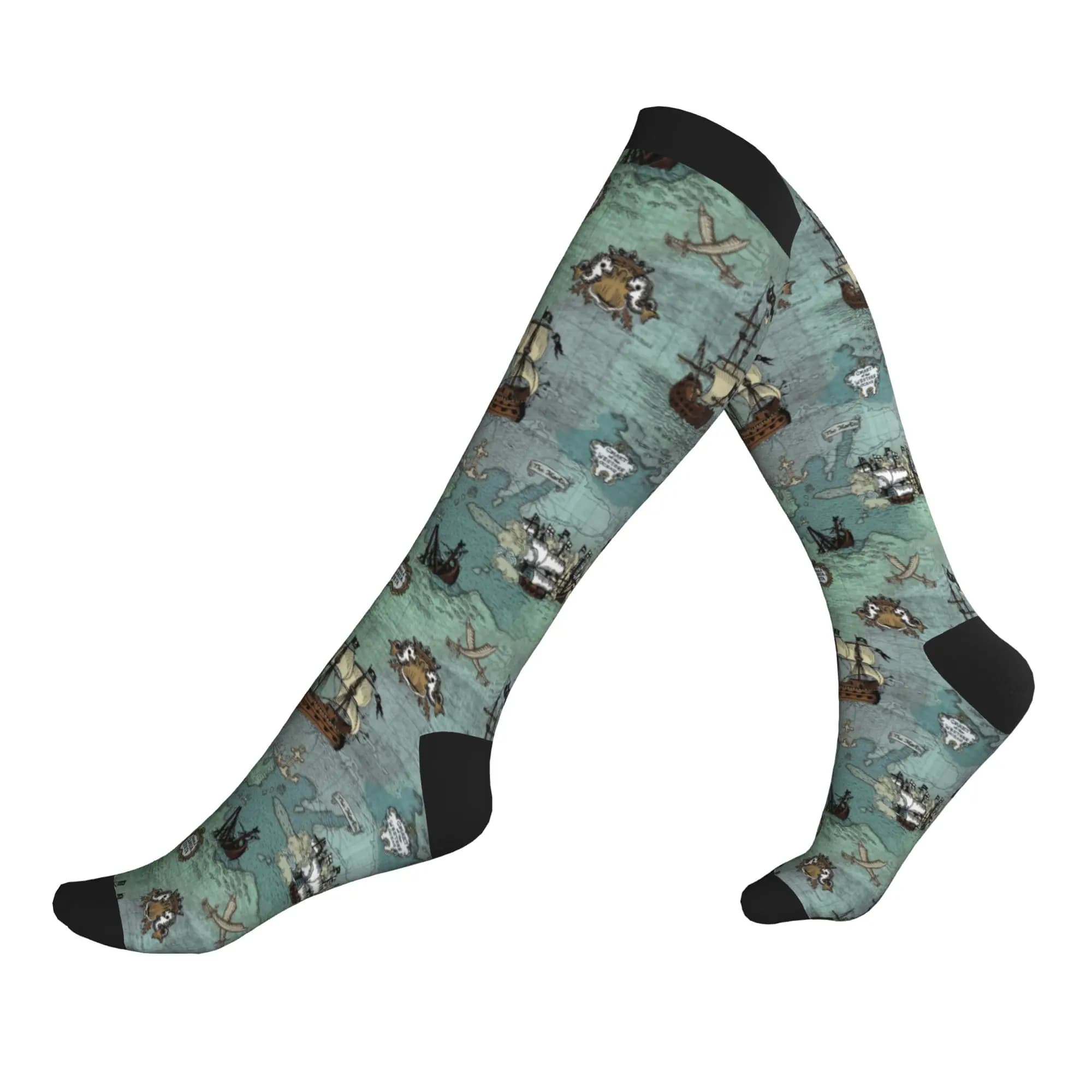 Calze a Compressione con Stampa Nautica Pirata e Teschio, Calze Sportive Calde e alla Moda per Uomo e Donna