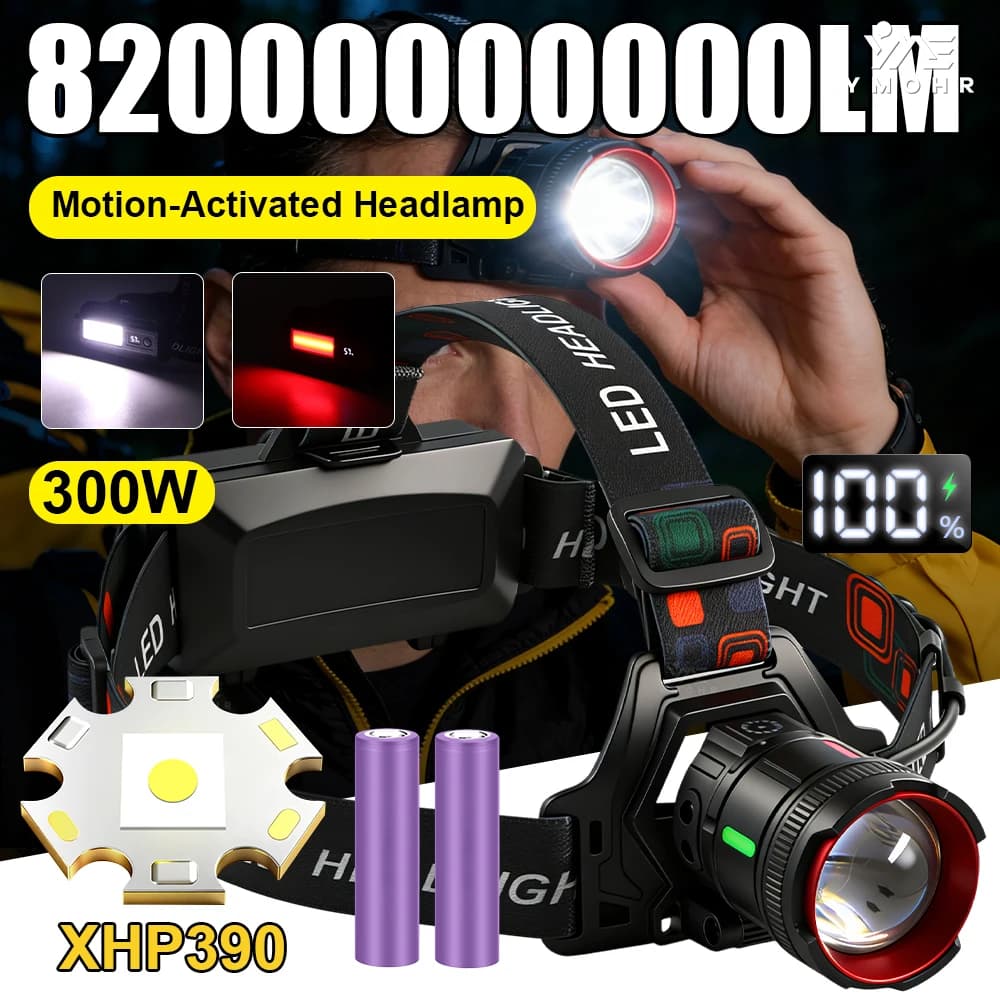 300W Outdoor Headlamp Ultra Powerful LED Front Lamp XHP390 Rechargeable Spotlights 18650x2 Lantern ForHiking Lights and Lighting