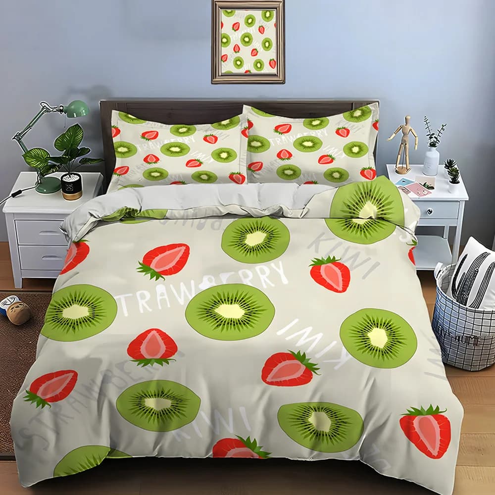 Set di biancheria da letto con stampa di fragole e kiwi, morbido e confortevole, include 1 copripiumino e 2 federe.