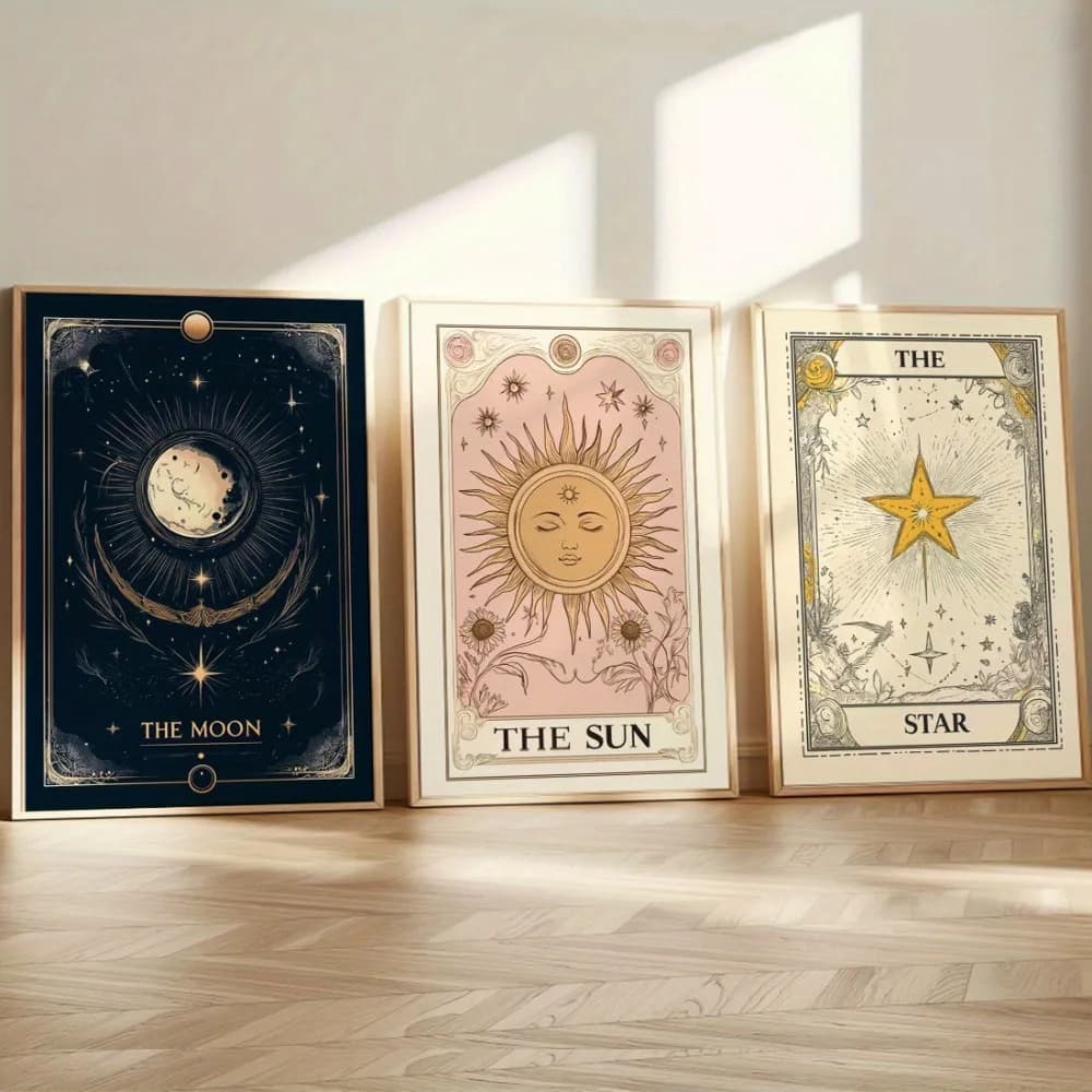 3 pezzi senza cornice sole, luna e stelle tarocchi carta tela decorazione da parete soggiorno, stile moderno, arte a tema celeste, decorazioni per la casa misteriose