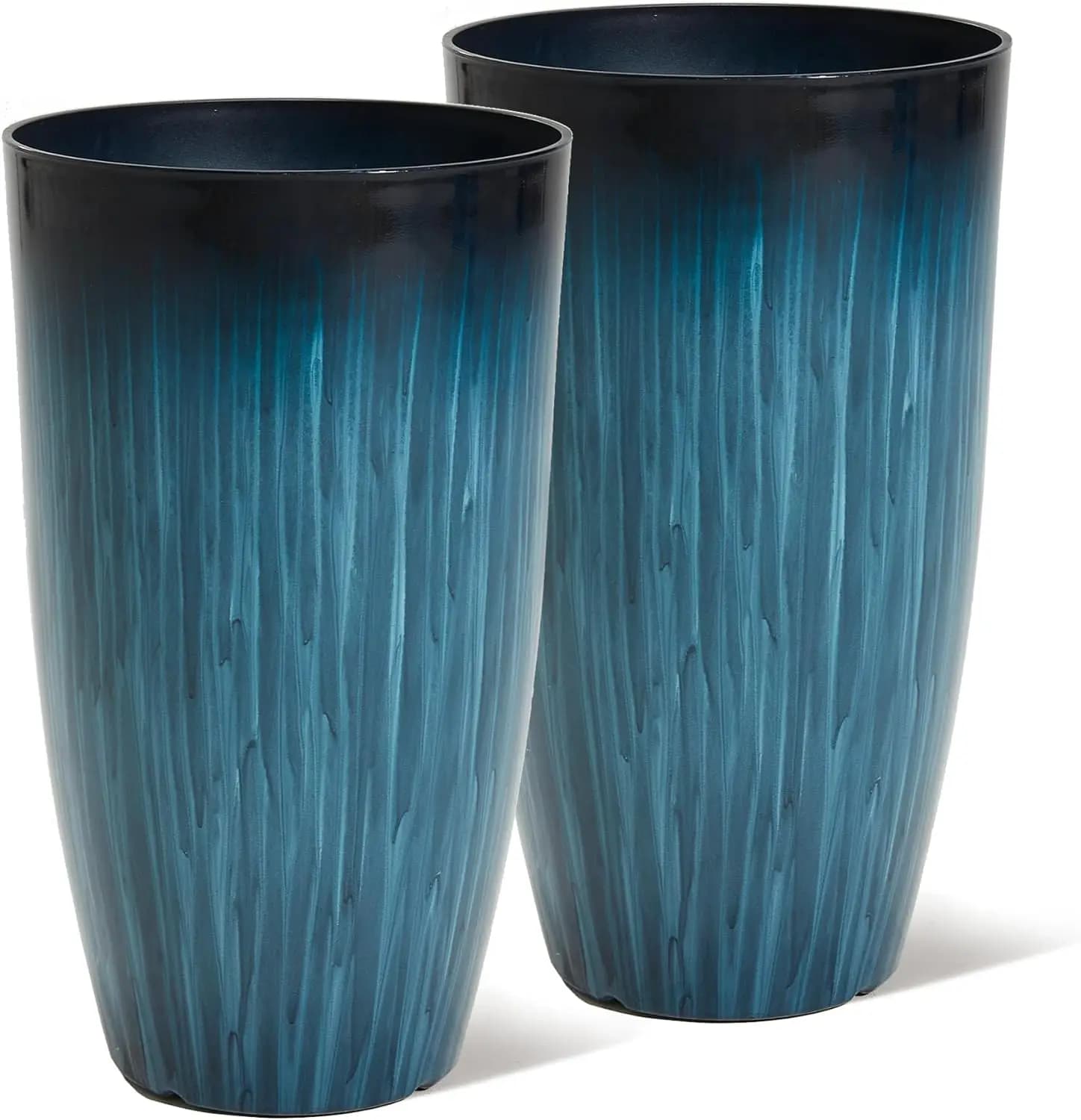 Set of 2 High 23,5 High-Plastic Vases with Draining Holes, Blue Polished Finish, Large Light Round Vases for Plants