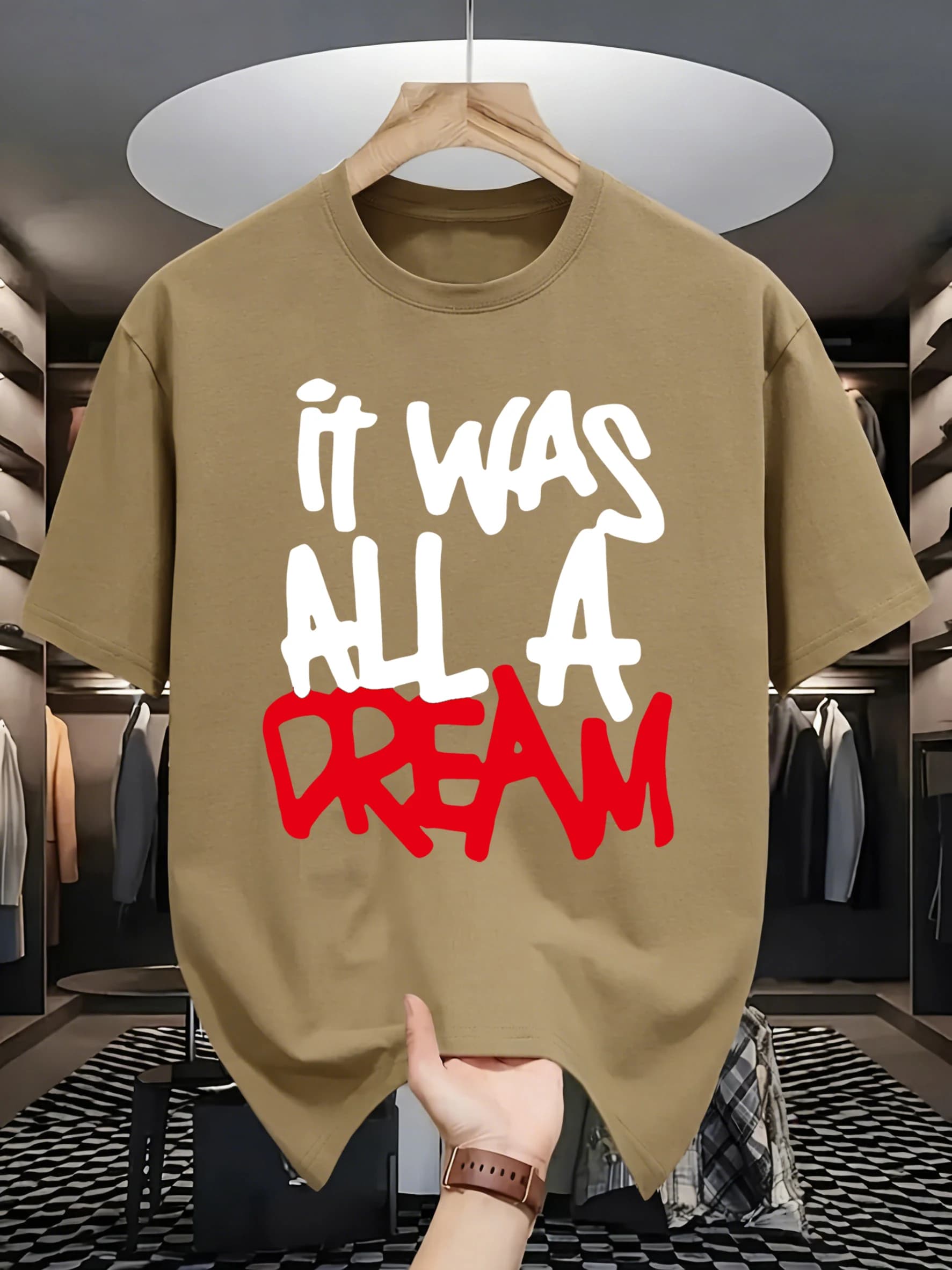 T-shirt con stampa di lettere rosse It Was All A Dream, t-shirt da uomo in cotone, girocollo, abbigliamento estivo, casual, alla moda, a maniche corte