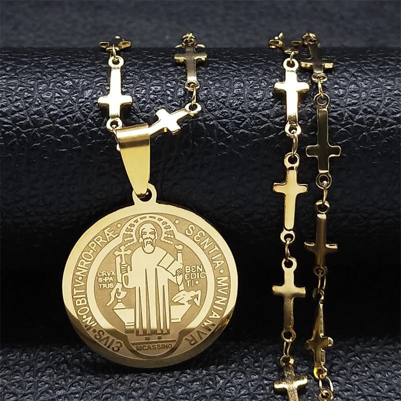 Saint Benedict Medal Stainless Steel Necklace for Women Gold Color Jesus Cross Chain Necklace Jewelry Cadenas Mujer N7913GDS02