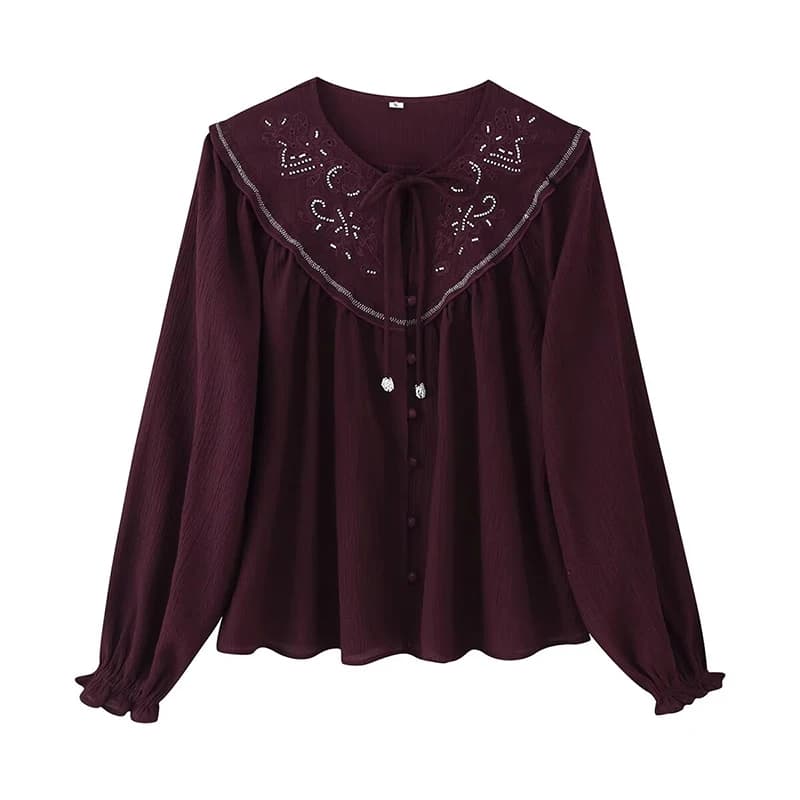 YENKYE Nuove donne Moda Camicia ricamata con perline Lace Up O Collo Manica lunga Camicetta allentata casual Primavera Autunno Top