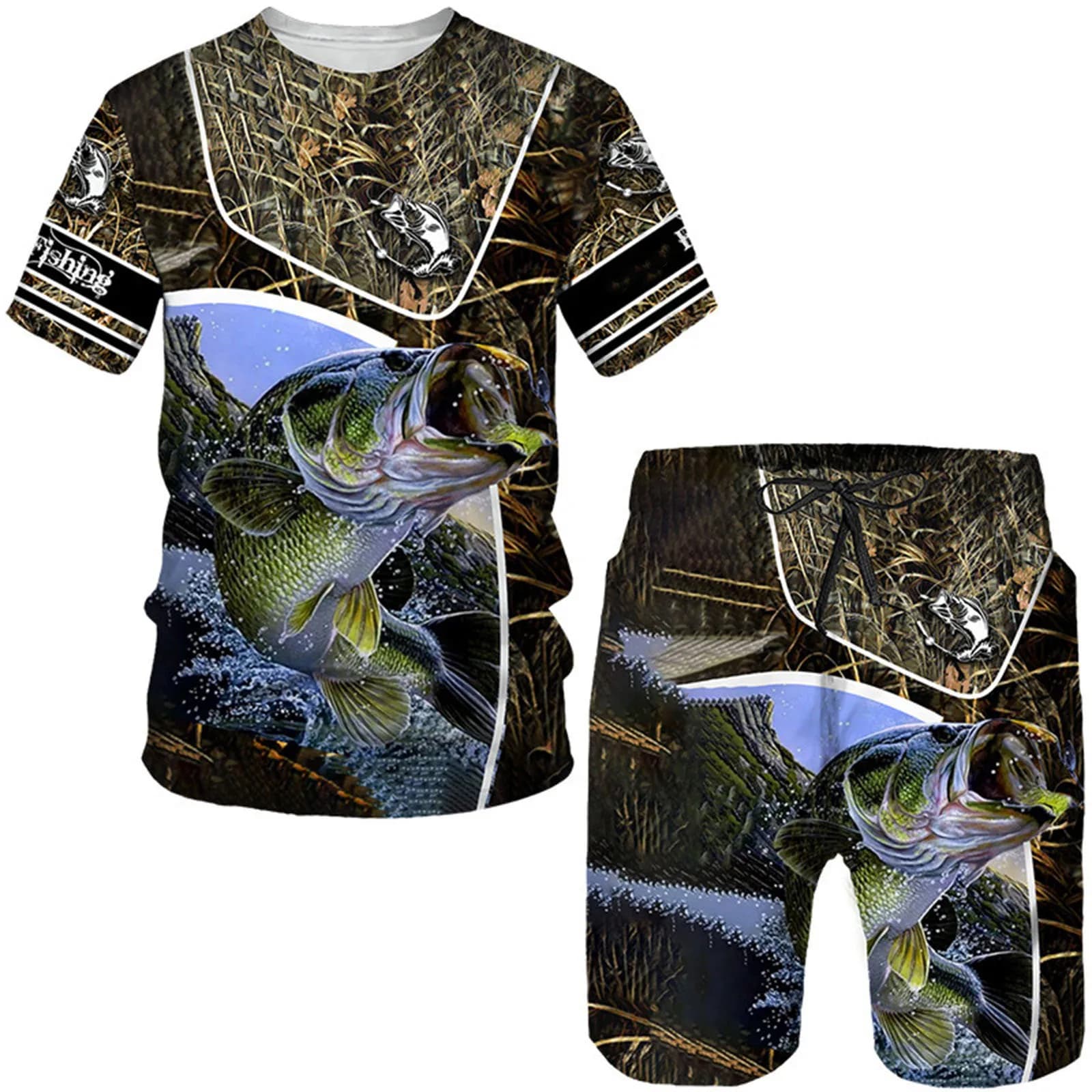 Pesca Camouflage Stampa 3D T-shirt Pantaloncini Set da 2 pezzi Abiti da uomo Tute casual Streetwear Abito oversize Abbigliamento uomo
