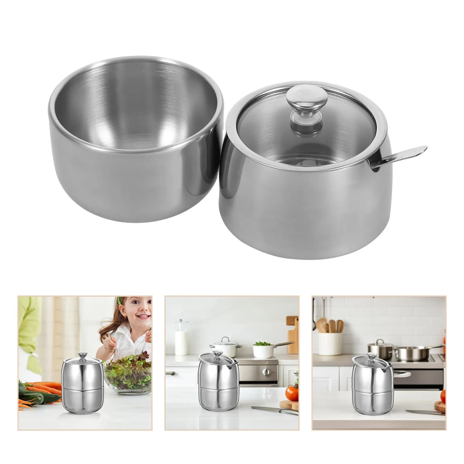 Set di 1 contenitore per condimenti in acciaio inossidabile, design moderno ed elegante, coperchio trasparente, cucchiaio incluso per la conservazione di spezie, condimenti, zucchero e sale