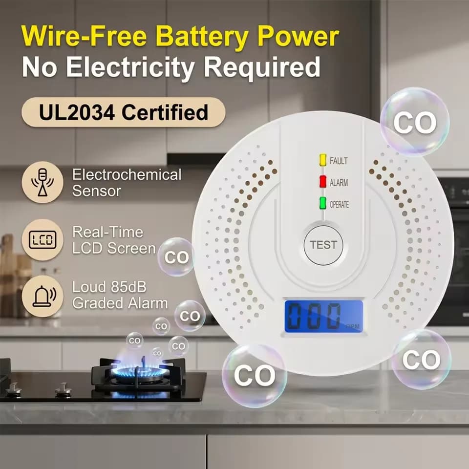 Independent CO Alarm Sensor LED Digital Display Carbon Monoxide Detector AA Battery Powered Sound & Light Warning CO Gas Monitor
