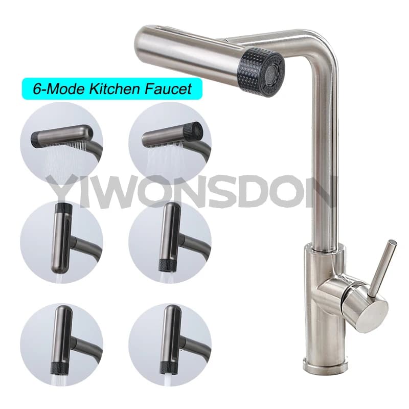 6 Mode Gray Kitchen Faucets Pull Out Rotation Waterfall Black Stream Sprayer Head Sink Mixer Brushed Nickle Water Tap Accessorie