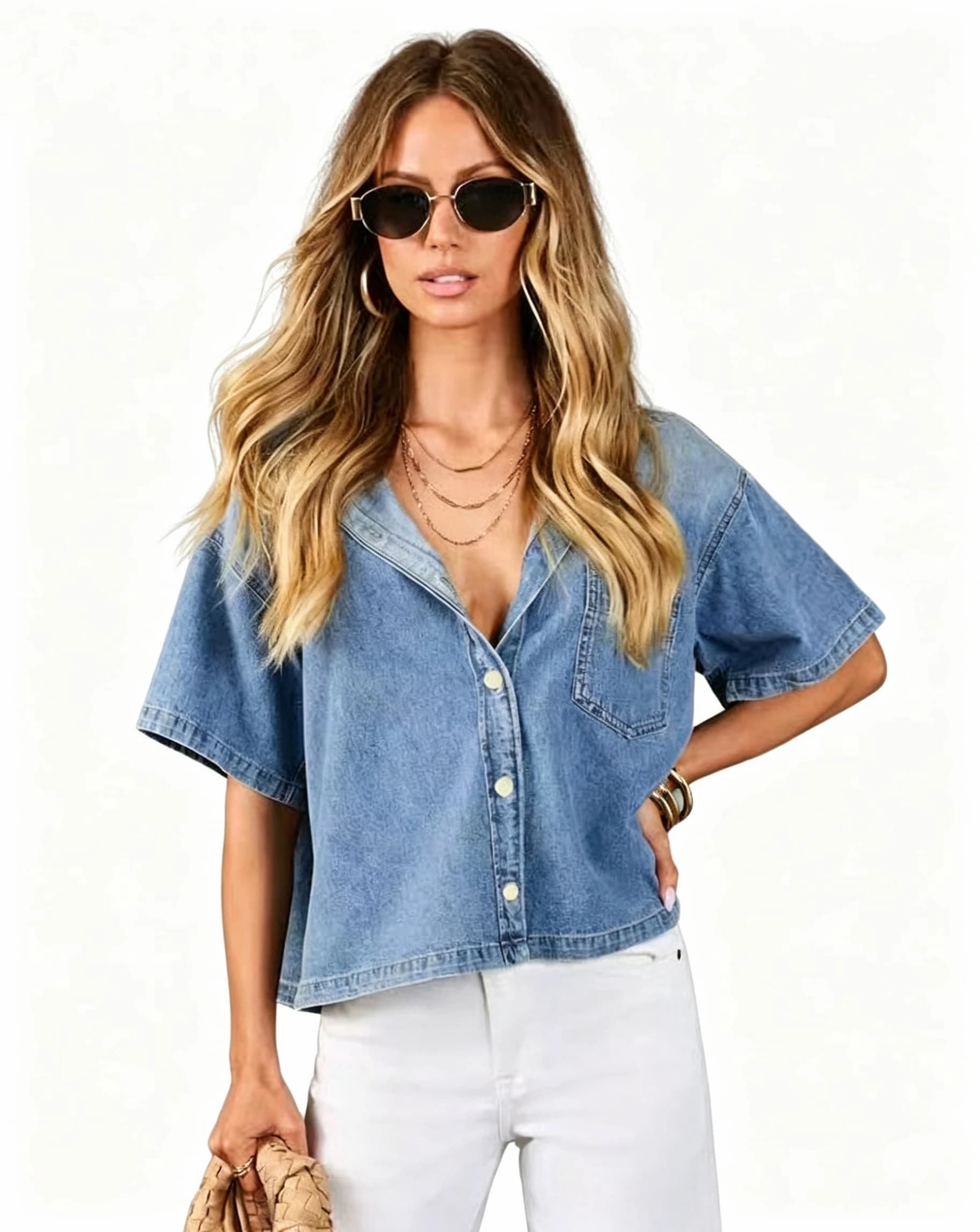 Loose Fit Short Shirt Style Denim Top Minimalist Design Single Pocket Casual Short Sleeve Jeans Upper Wear