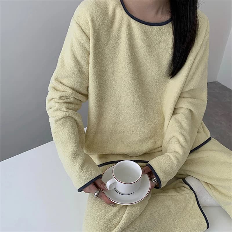 Long sleeve Flannel Nightwear Winter Warm Dresses For House 2 Pieces Pijama De Mujer Soft Feminine Style Korean Femme