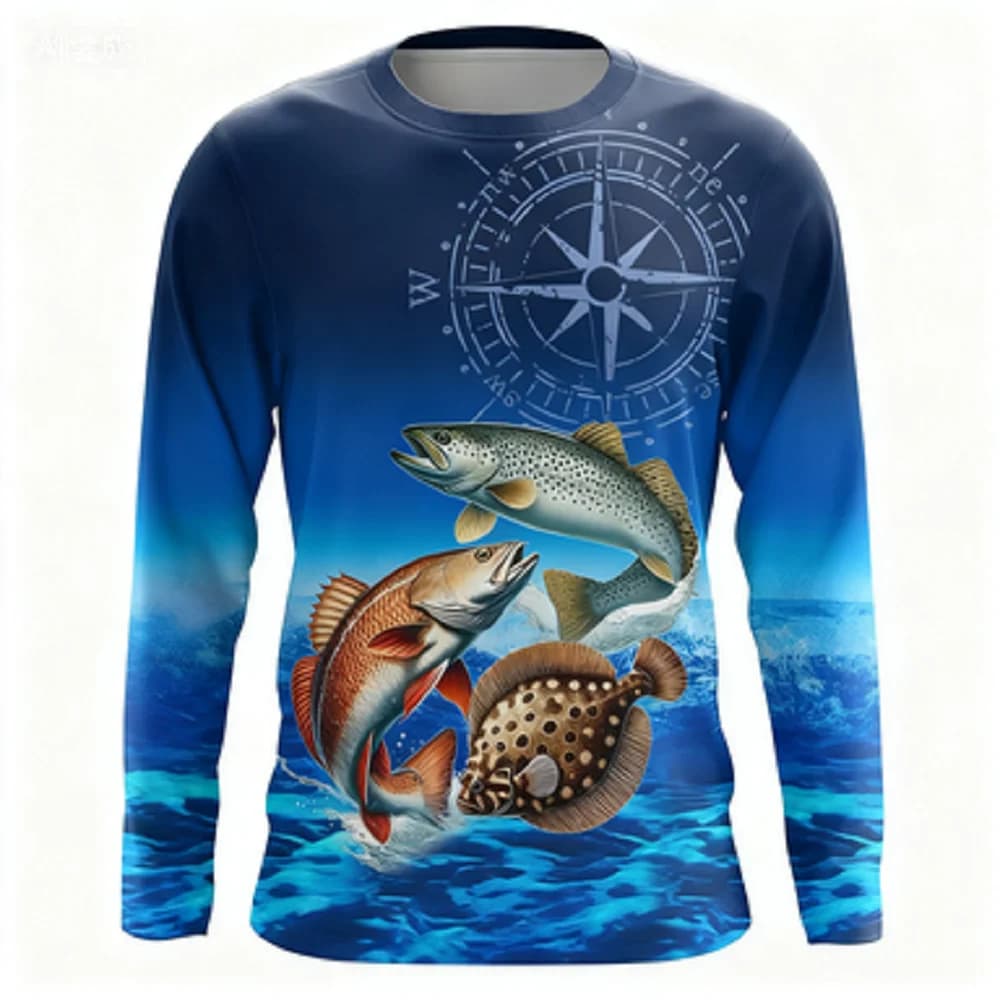 Abbigliamento da pesca stampato in 3D blu scuro Protezione solare Camicia a maniche lunghe traspirante e ad asciugatura rapida Attrezzatura sportiva casual all'aperto