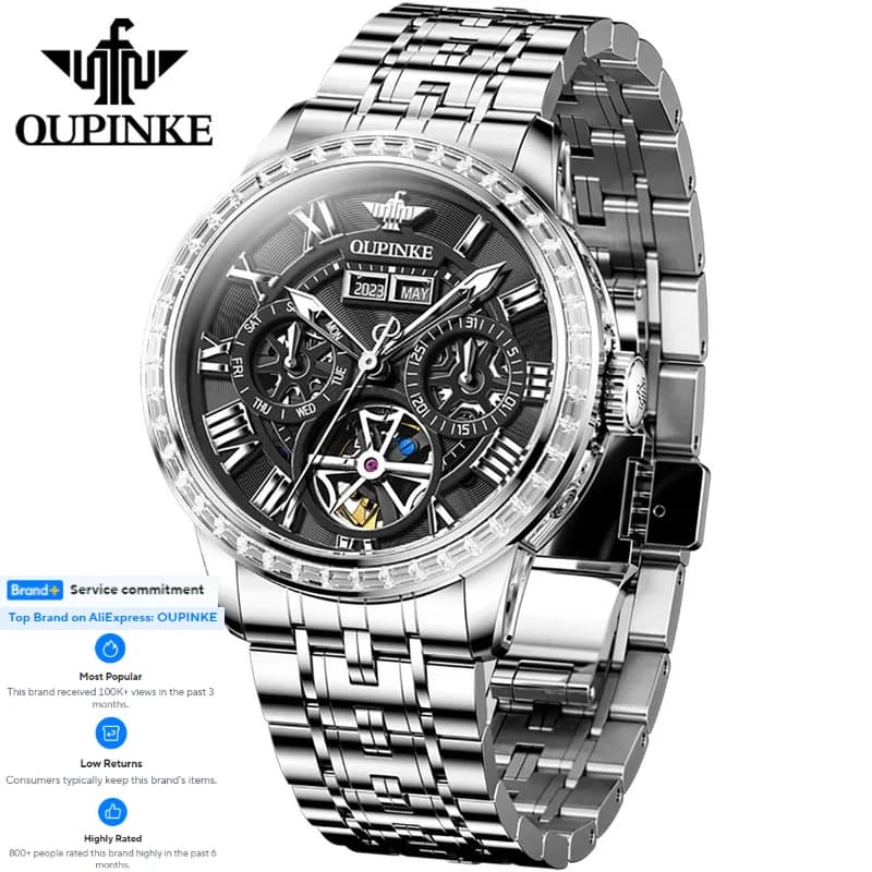 OUPINKE 3252 Men Watch Diamond Bezel Skeleton Calendar Stainless steel Sapphire Mirror Automatic Mechanical Watches