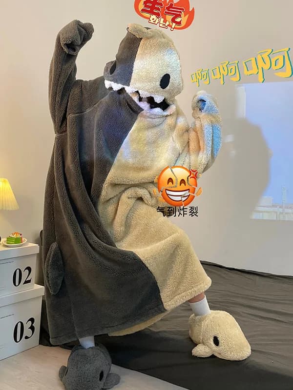 DAIMELU Women'swear Warm Winter Coral Fleece Shark Night Shirt Cute Funny Dress with Hood Night Shirt Women's Pijama Set