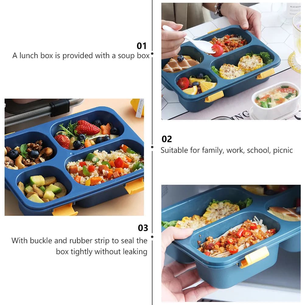 Portable 4 Section Bento Box Food Storage Container with Soup Holder for School Office Picnic Portable Lunchbox