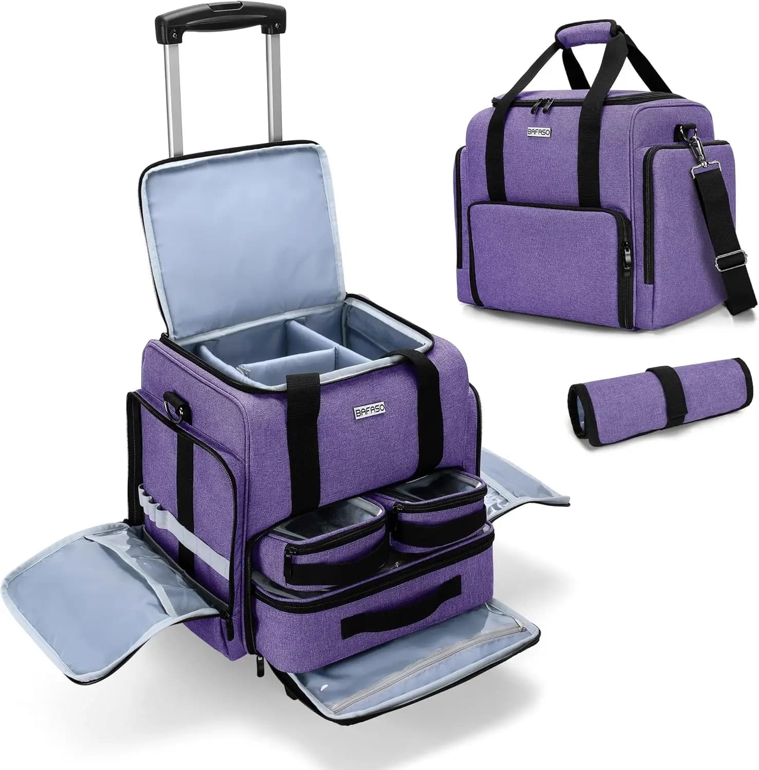 Valigia Trucchi Professionale con Ruote, 3 Pochette Rimovibili e Borsa Porta Pennelli, Trolley Cosmetico Staccabile, Viola